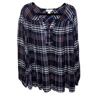 Style & Co Blouse Womens 2X Navy Blue Cottagecore Flannel Button Down